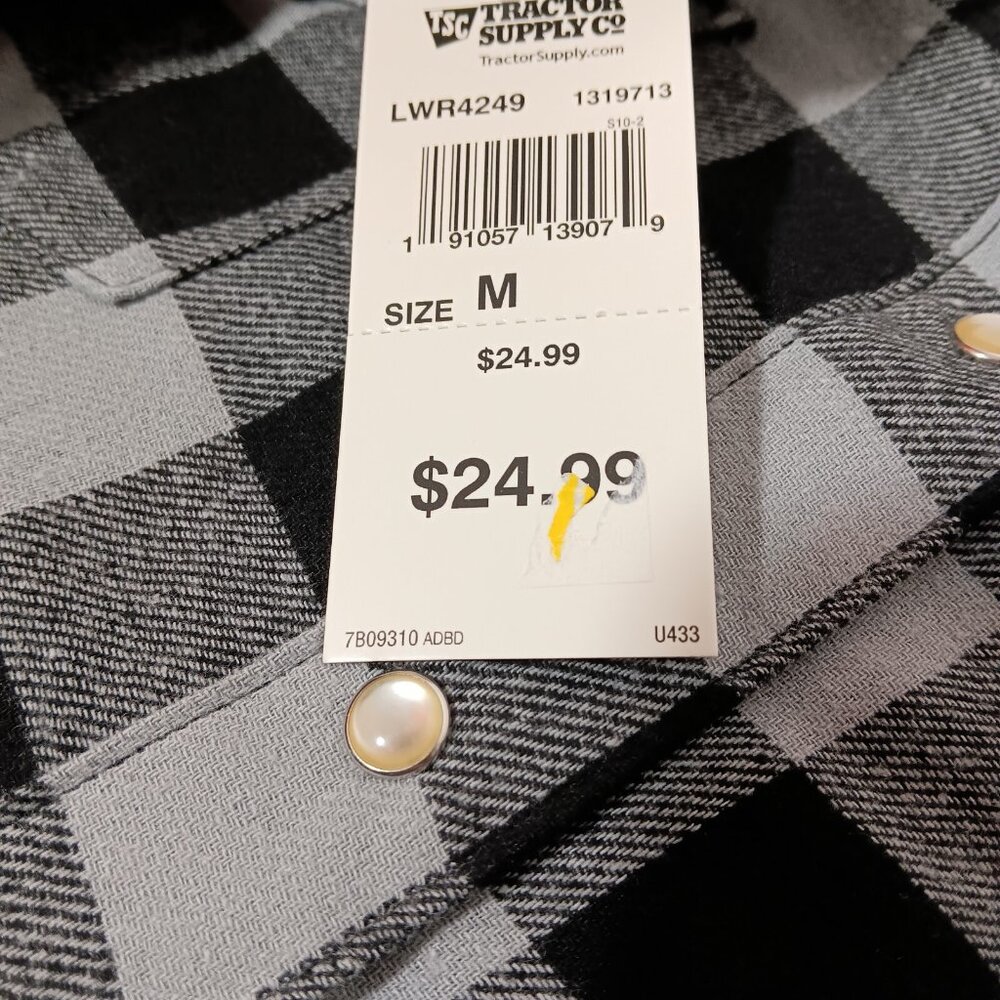 Wrangler Wrancher Shirt Women M Flannel Black Gray Plaid Pearl Snap New Western - Picture 7 of 14